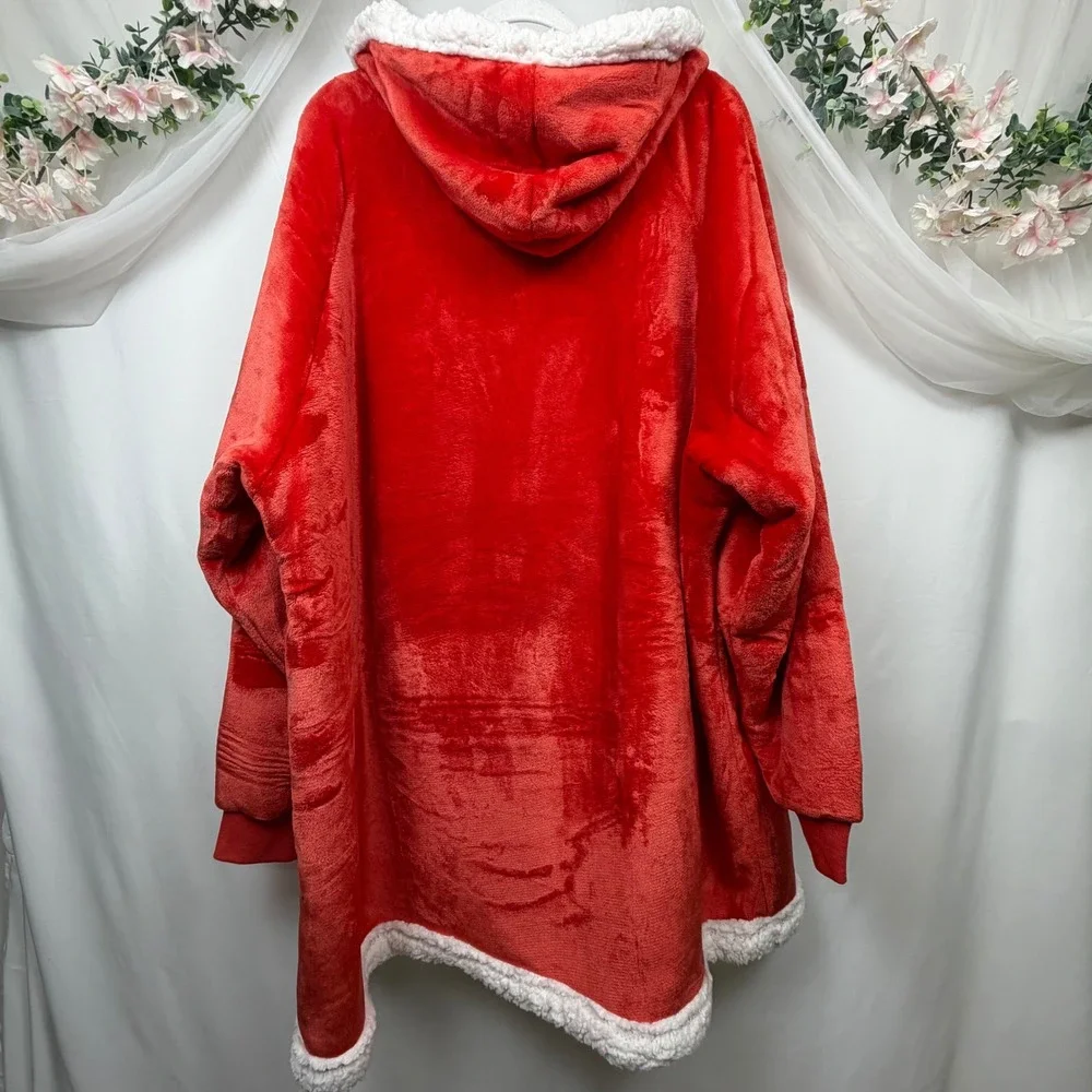 Red Sherpa Lined Oversized Wearable Blanket Hoodie Quarter Zip Fleece Pullover